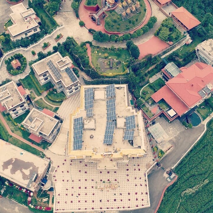 Aerial close-up of the temple roof solar array