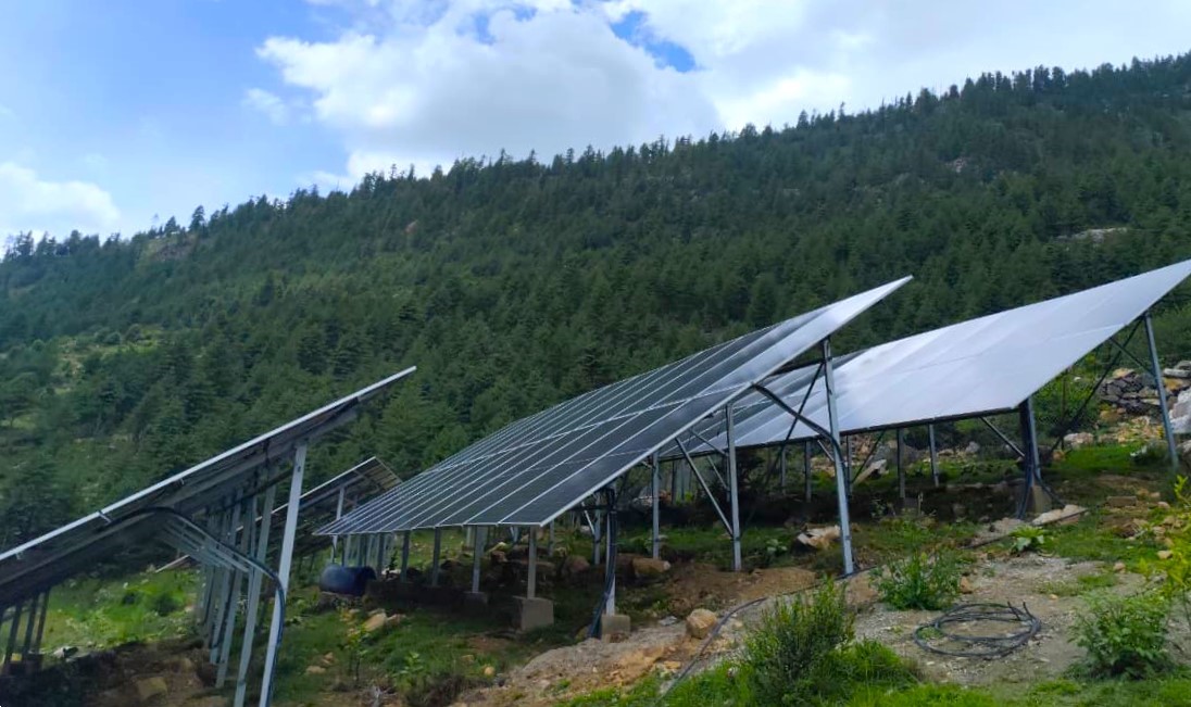 Solar array rows on the hillside at Kankasundari