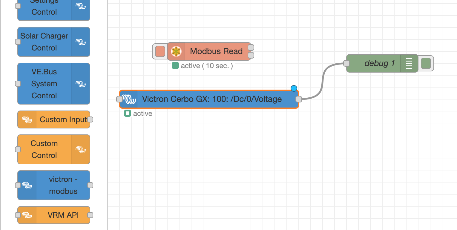 Node-RED automation flow running on a Victron GX device