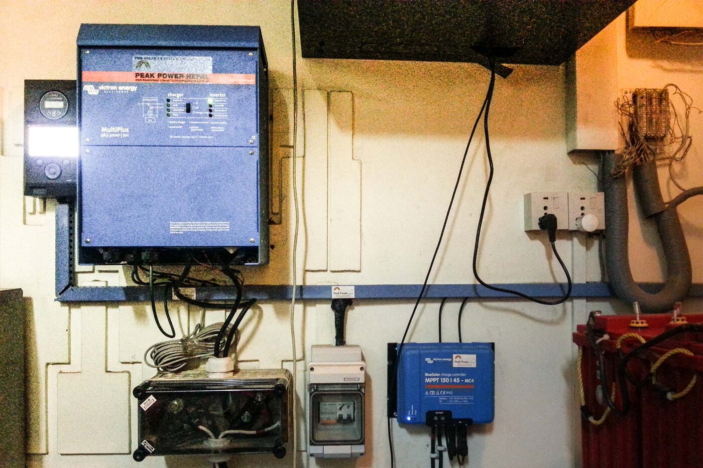Victron MultiPlus inverter, BlueSolar MPPT charge controller, and battery bank at Sky Light Office